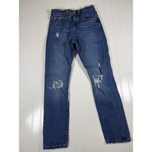 Levis Womens 501s Skinny Jeans 26x28 Blue Button Fly Distressed Rise Denim